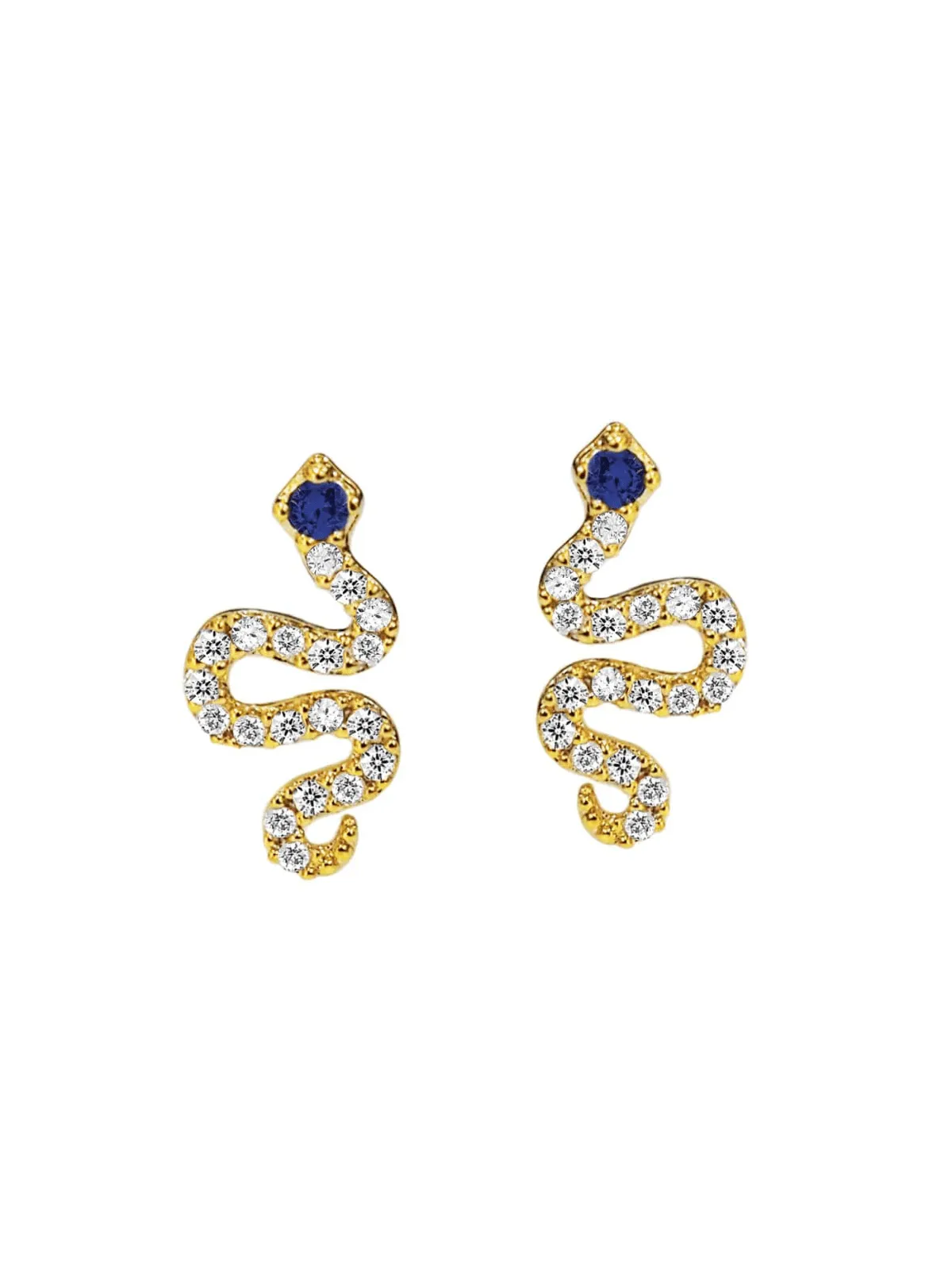 Gold CZ Snake Post Earrings with Sapphire CZ