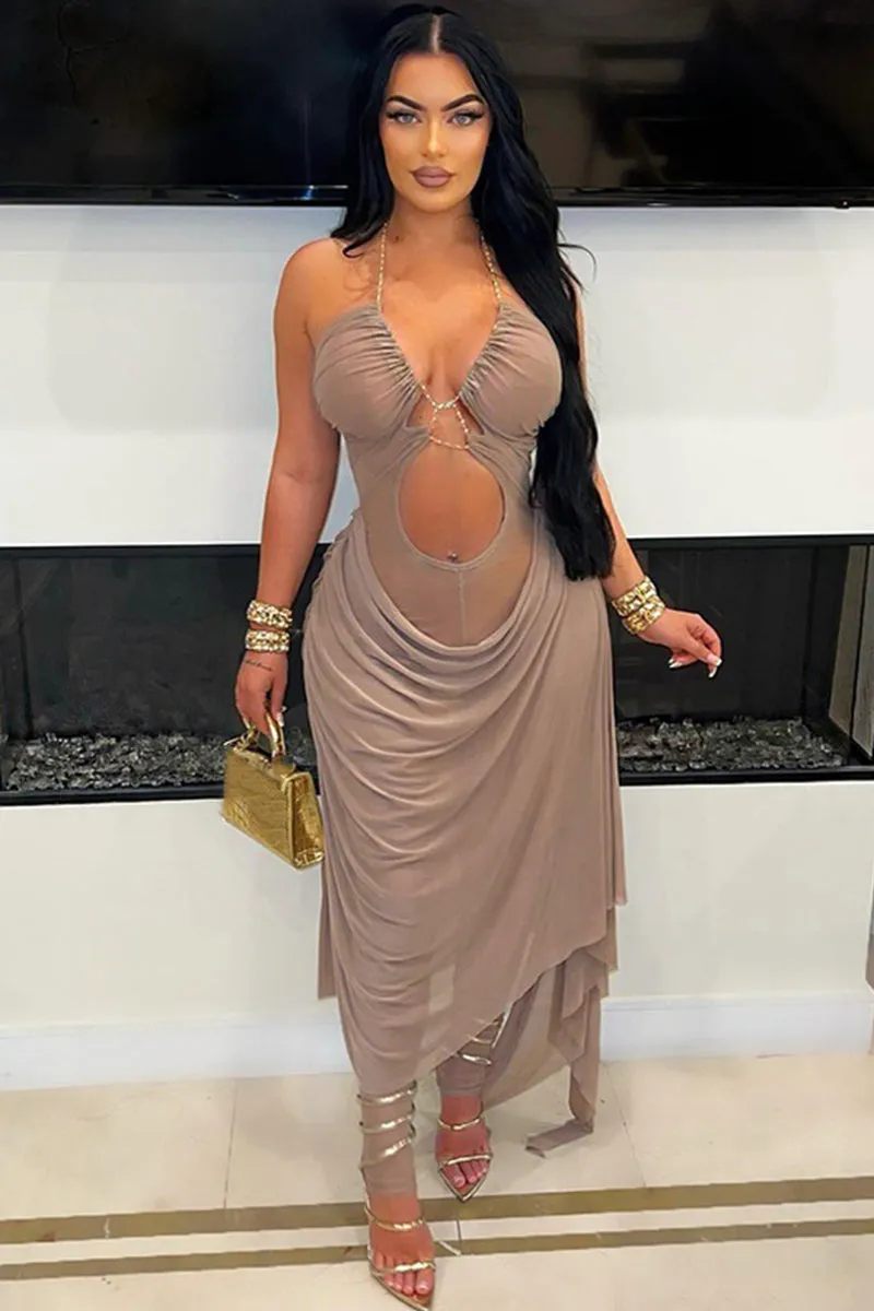 Mesh Cutout Front Ruched Cami Maxi Bodycon Dress